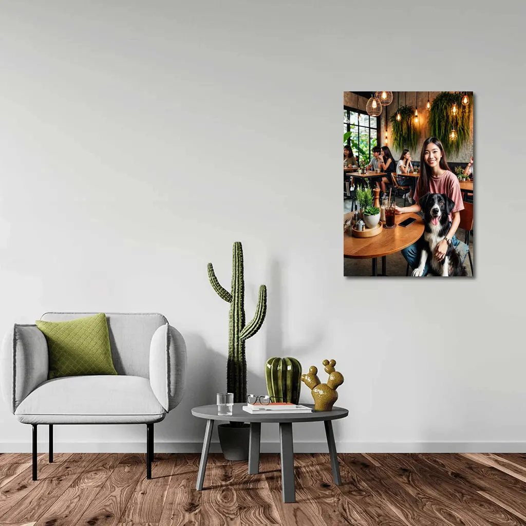 Border Collie Girl Sitting Modern Cafe – Wall Art