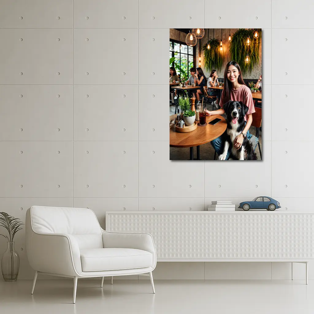 Border Collie Girl Sitting Modern Cafe – Wall Art