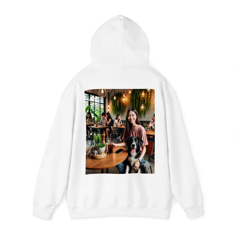 Border Collie Girl Sitting Modern Cafe – Hoodies