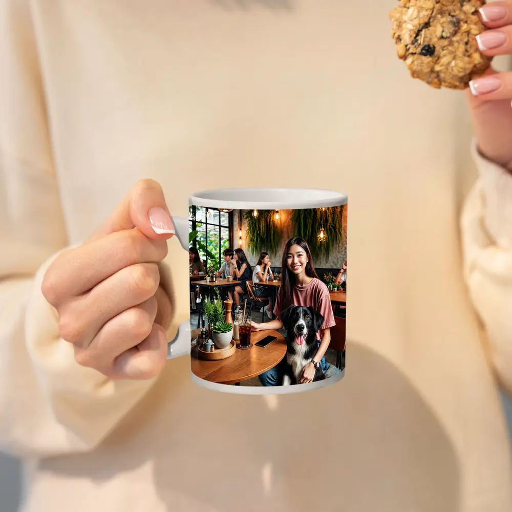 Border Collie Girl Sitting Modern Cafe – Mugs