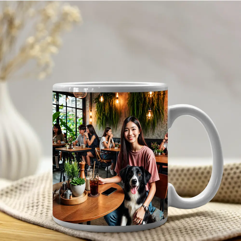 Border Collie Girl Sitting Modern Cafe – Mugs