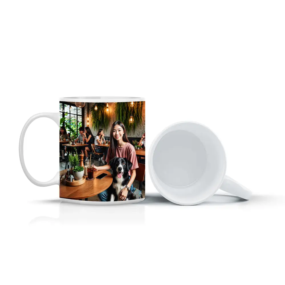 Border Collie Girl Sitting Modern Cafe – Mugs