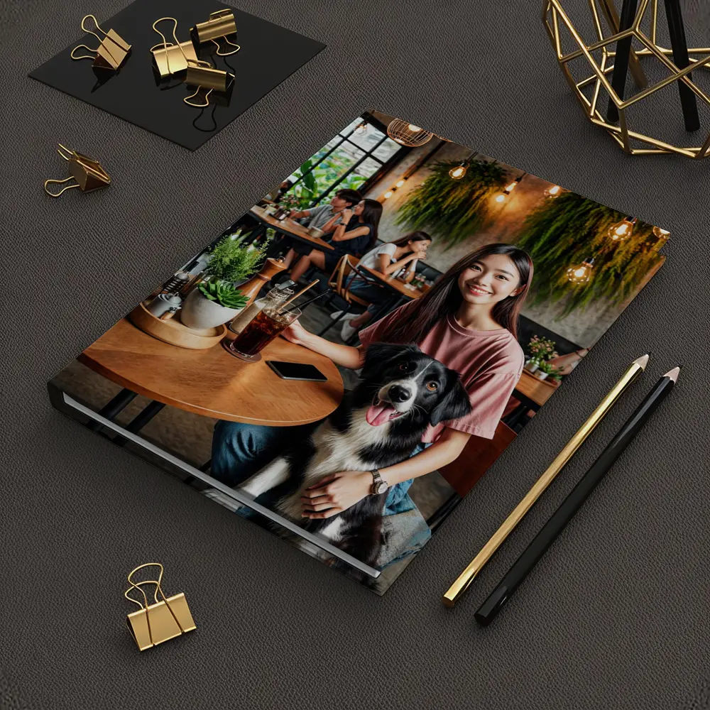 Border Collie Girl Sitting Modern Cafe – Notebooks