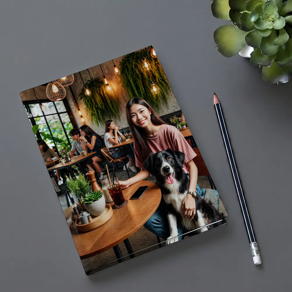 Border Collie Girl Sitting Modern Cafe – Notebooks