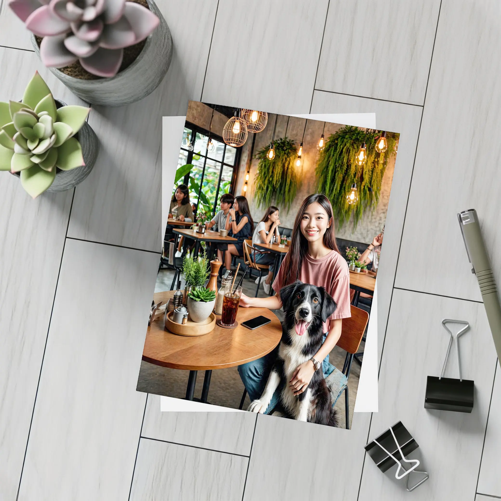 Border Collie Girl Sitting Modern Cafe – Postcards