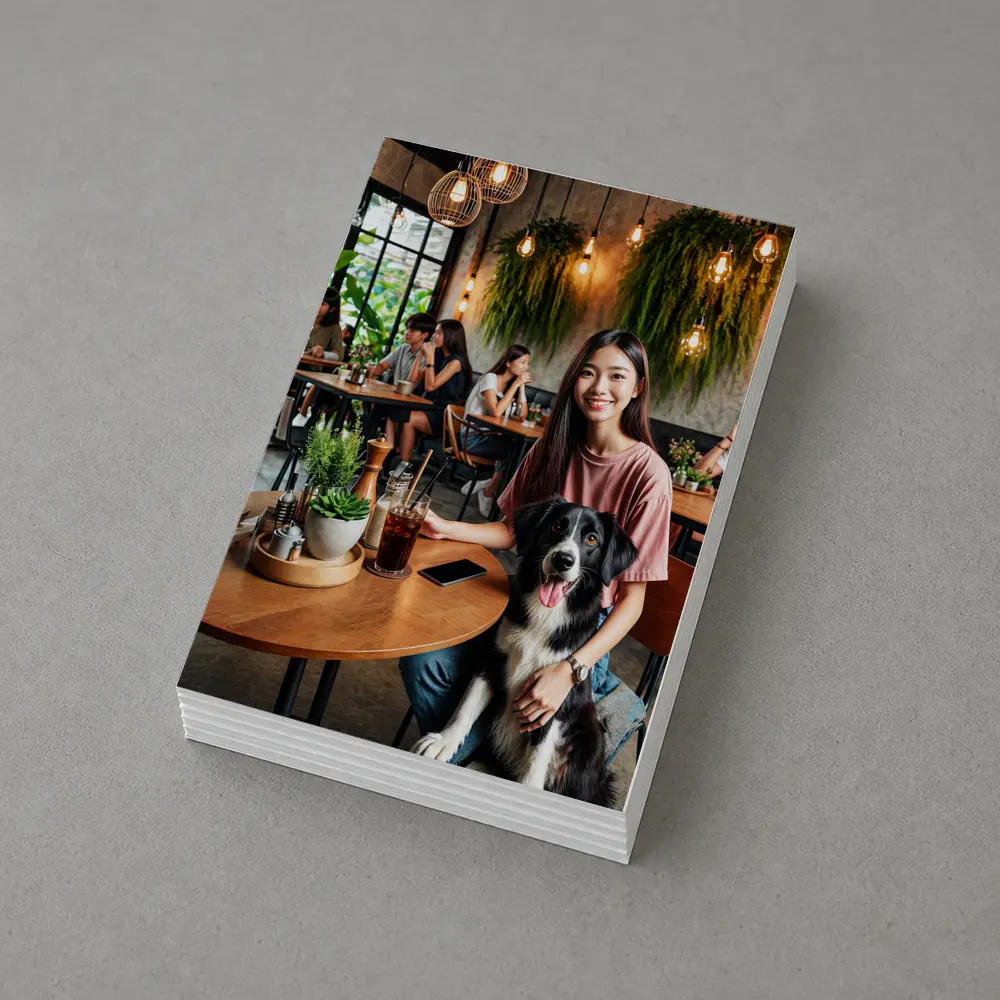 Border Collie Girl Sitting Modern Cafe – Postcards