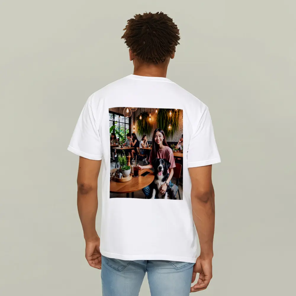 Border Collie Girl Sitting Modern Cafe – T-Shirts