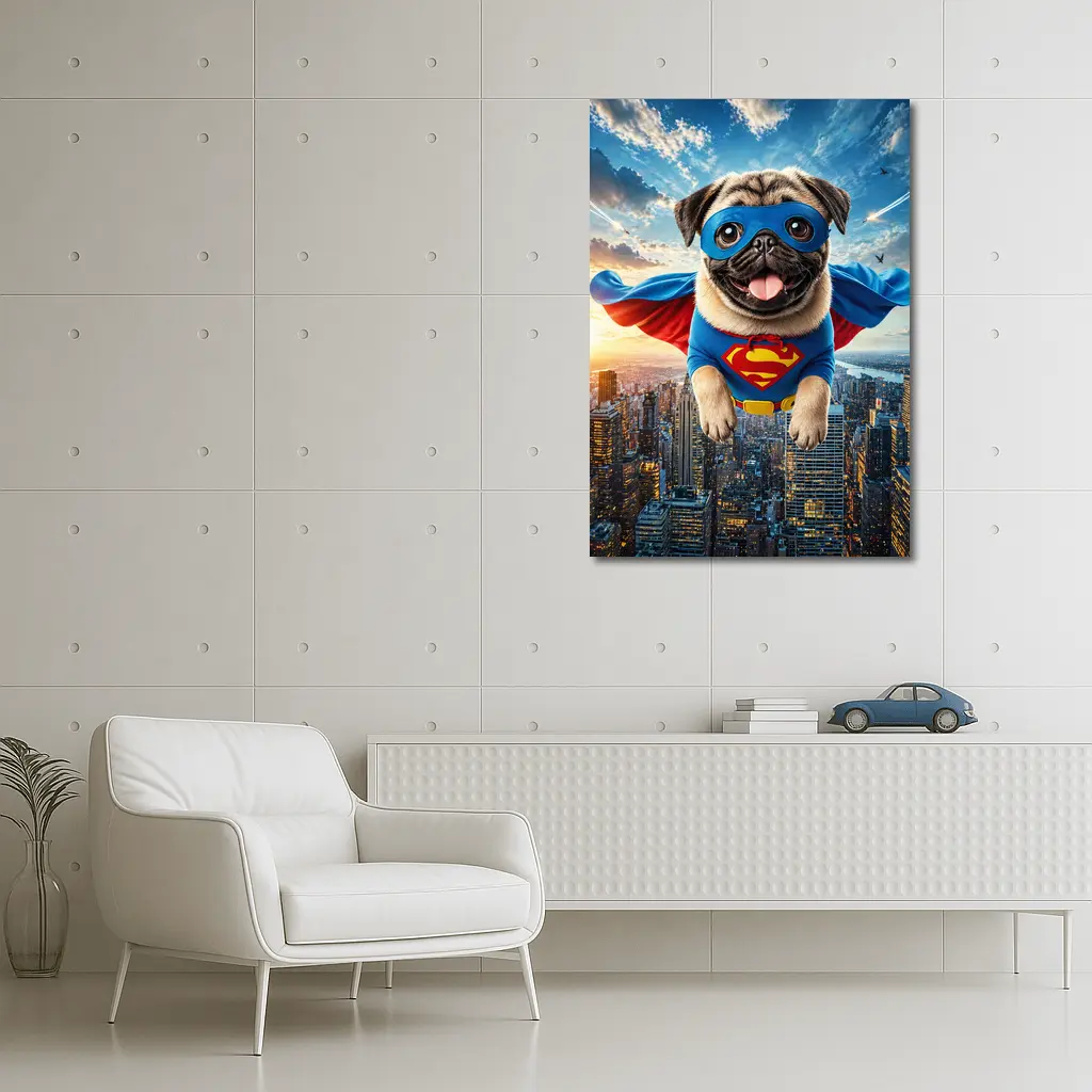 Pug Superhero Flying Over City Skyline – Wall Art