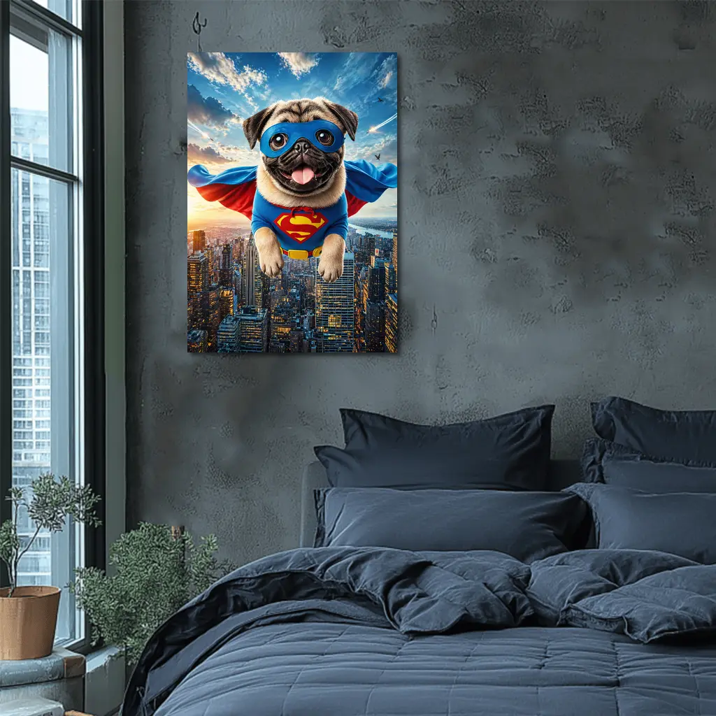 Pug Superhero Flying Over City Skyline – Wall Art
