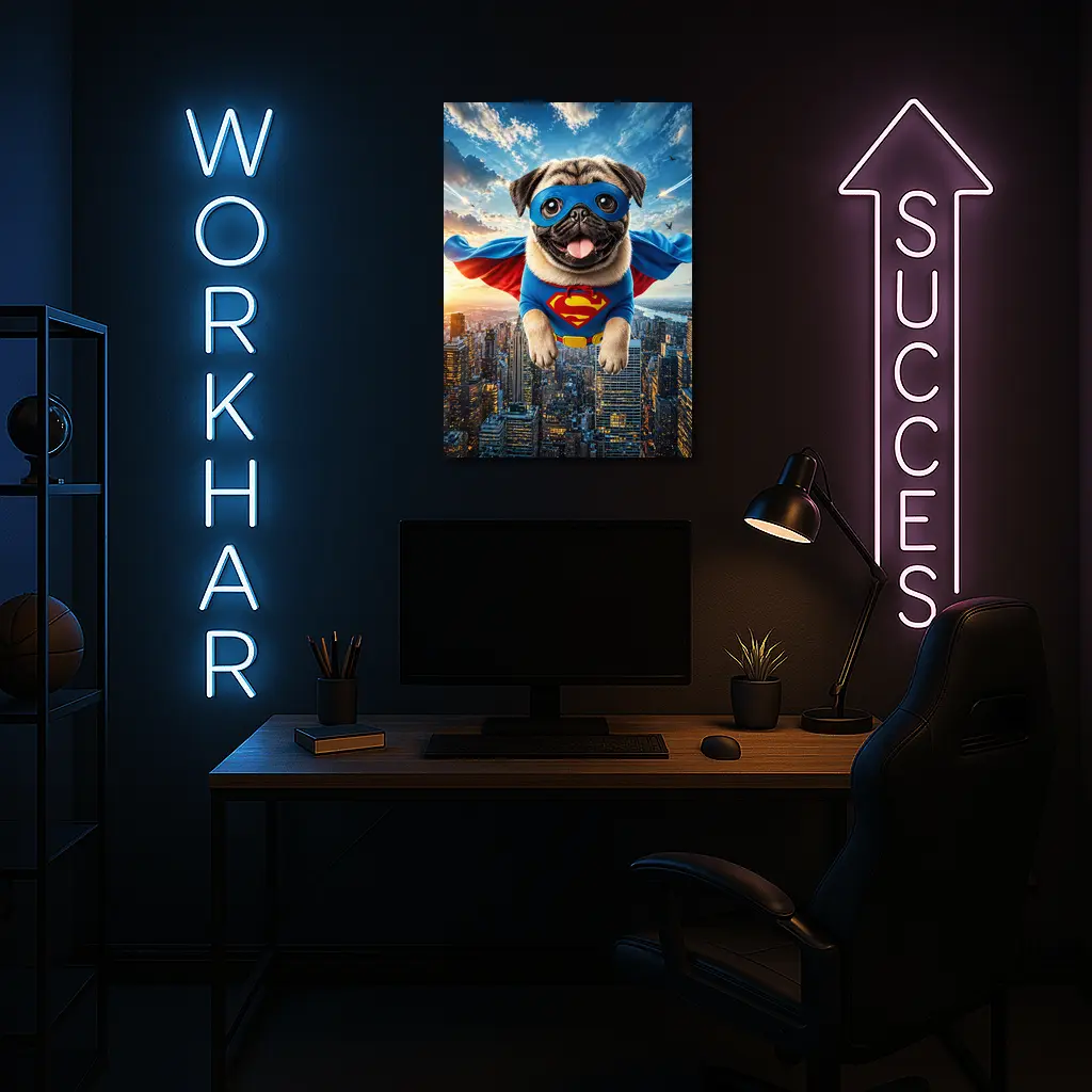 Pug Superhero Flying Over City Skyline – Wall Art