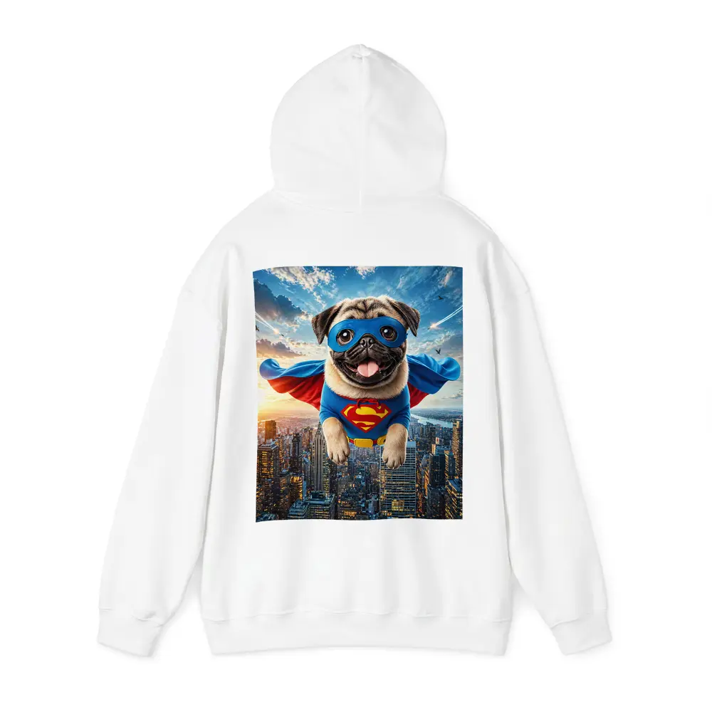 Pug Superhero Flying Over City Skyline – Hoodies