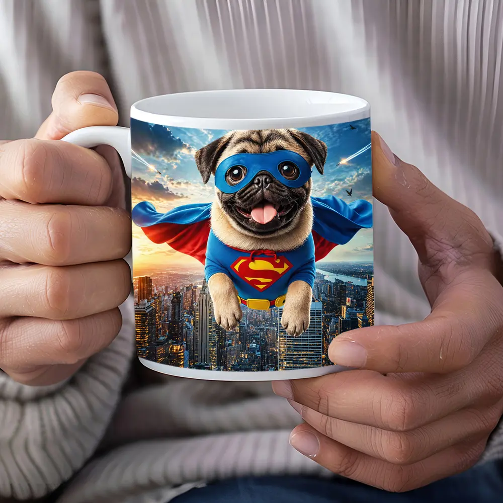 Pug Superhero Flying Over City Skyline – Mugs