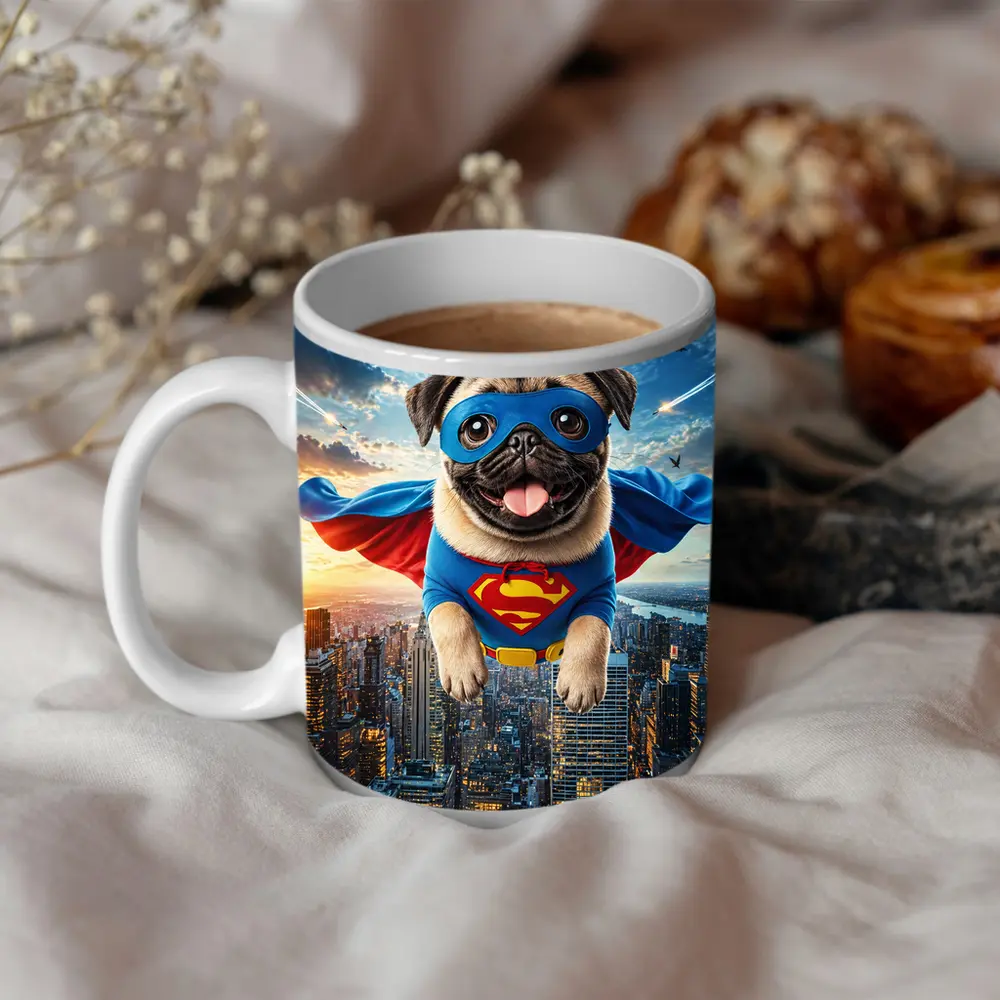 Pug Superhero Flying Over City Skyline – Mugs