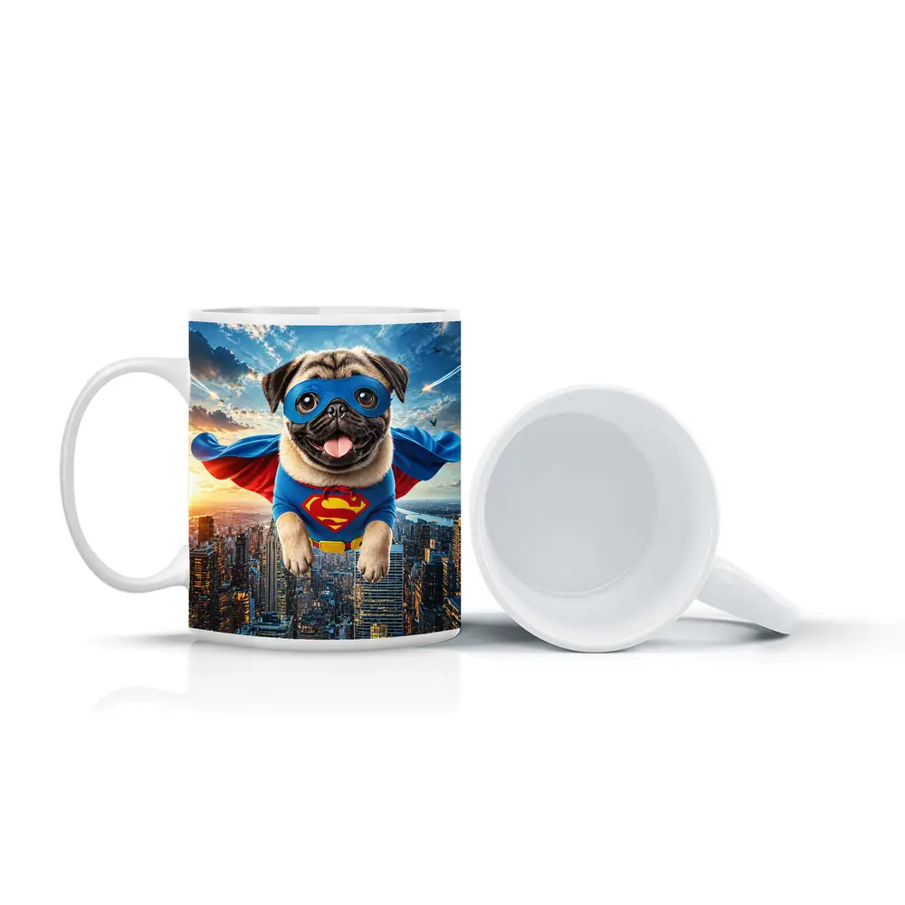 Pug Superhero Flying Over City Skyline – Mugs