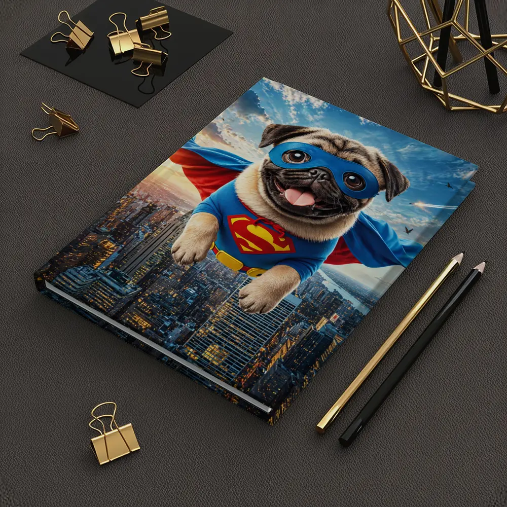 Pug Superhero Flying Over City Skyline – Notebooks