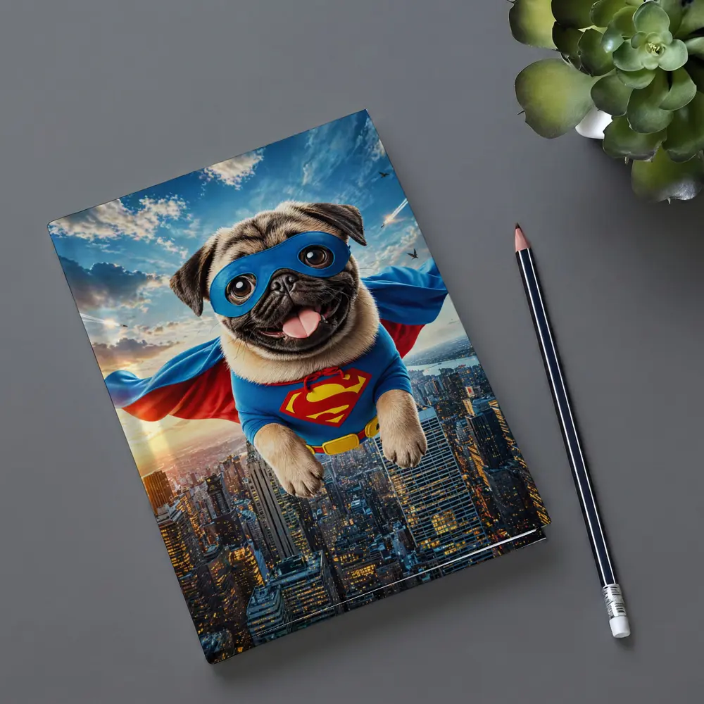 Pug Superhero Flying Over City Skyline – Notebooks