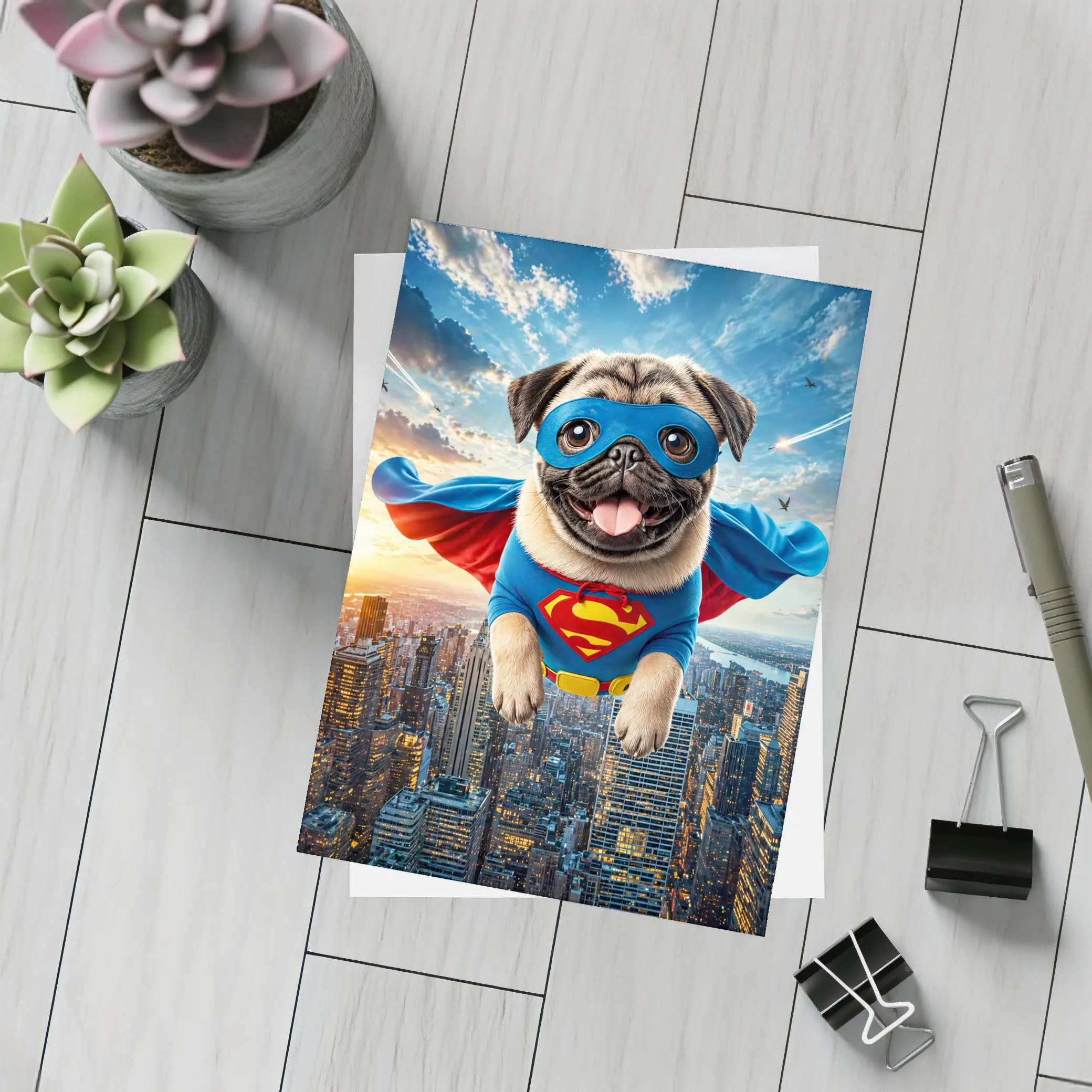 Pug Superhero Flying Over City Skyline – Postcards