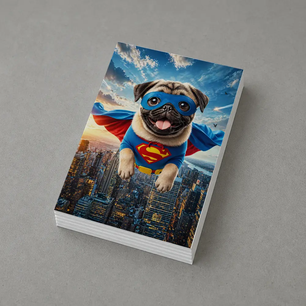 Pug Superhero Flying Over City Skyline – Postcards