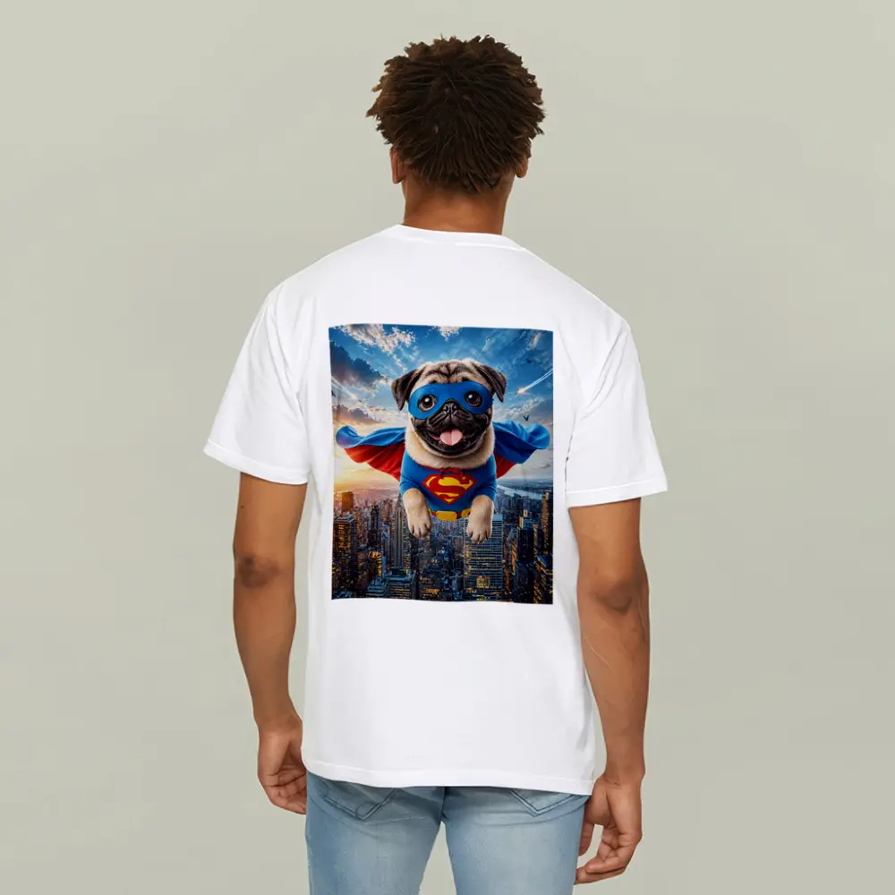 Pug Superhero Flying Over City Skyline – T-Shirts