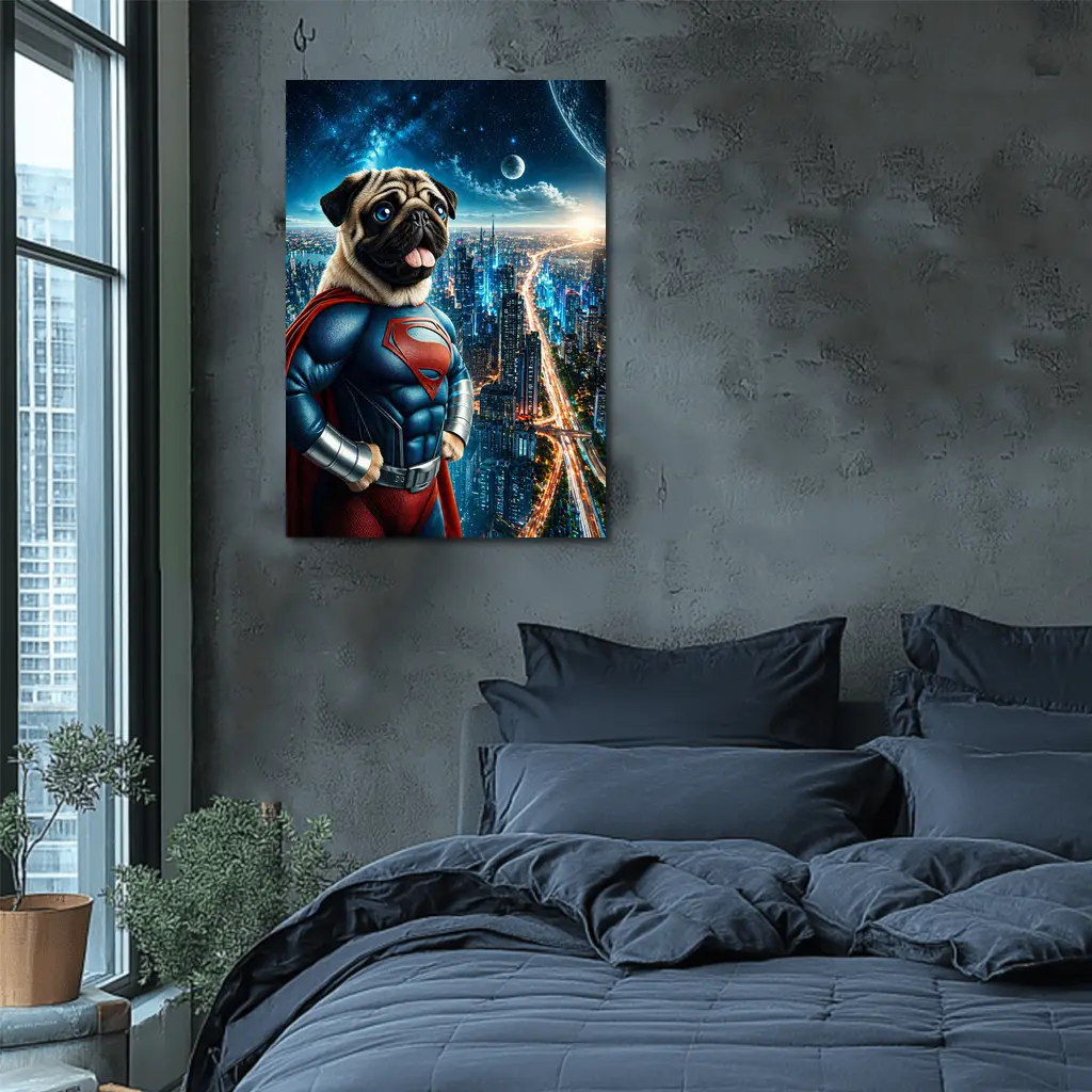 Pug Dog Superman Hero City Night – Wall Art