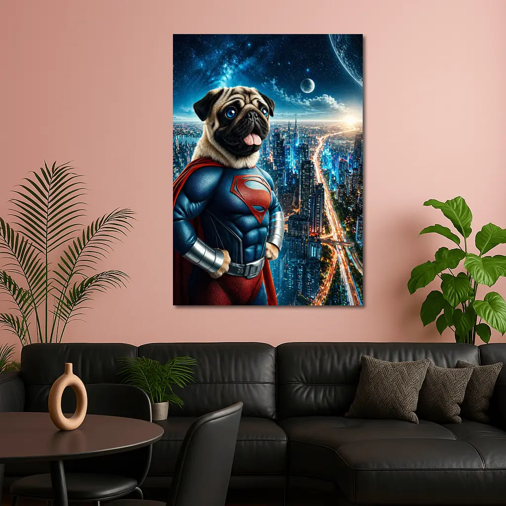 Pug Dog Superman Hero City Night – Wall Art