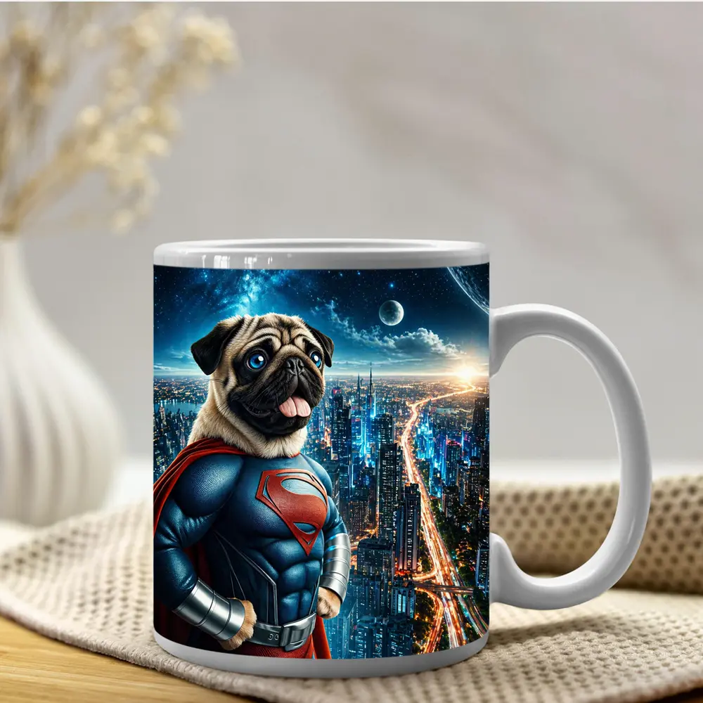 Pug Dog Superman Hero City Night – Mugs