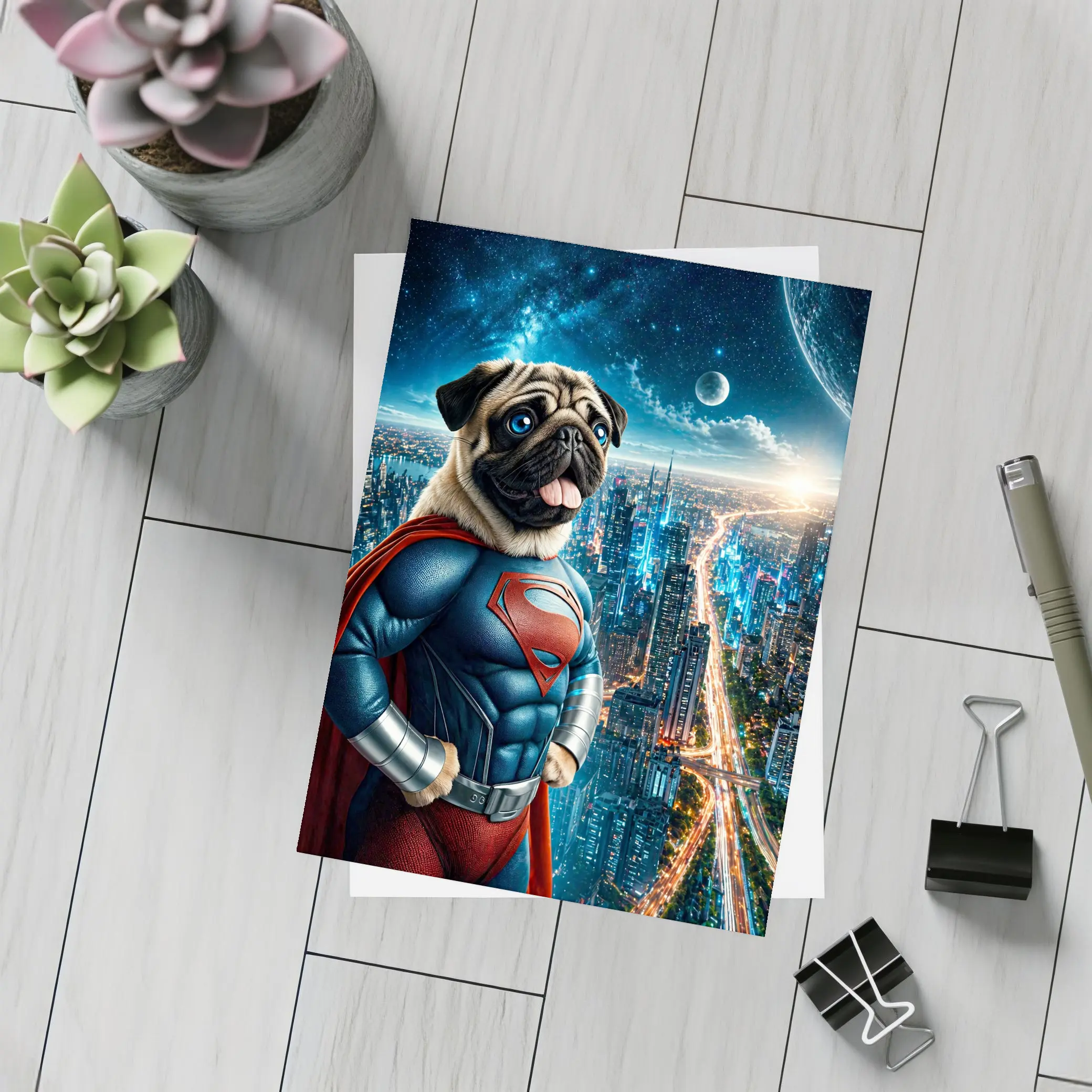 Pug Dog Superman Hero City Night – Postcards