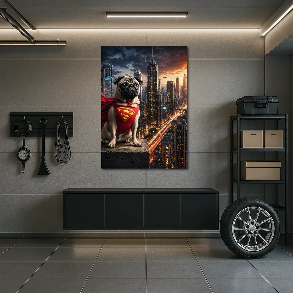 Pug Superhero Superman Cape City Night – Wall Art