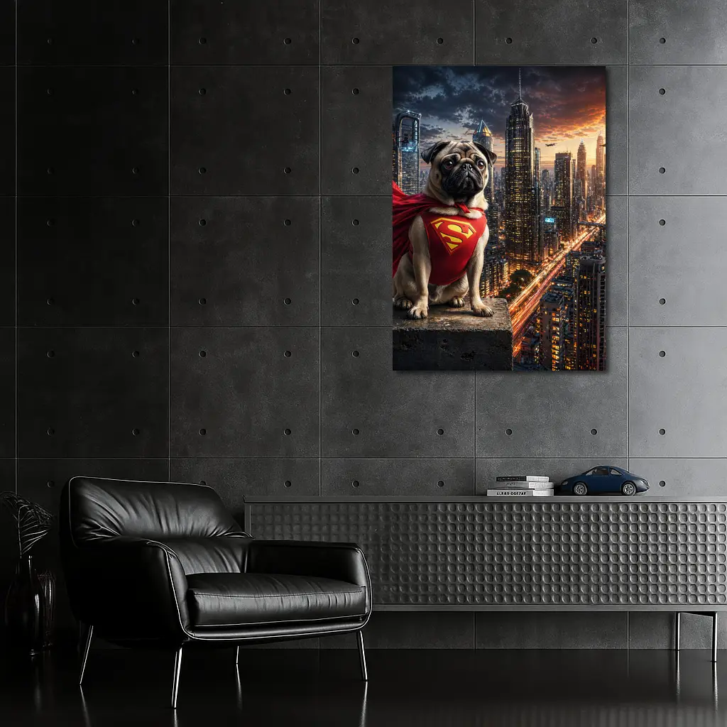 Pug Superhero Superman Cape City Night – Wall Art