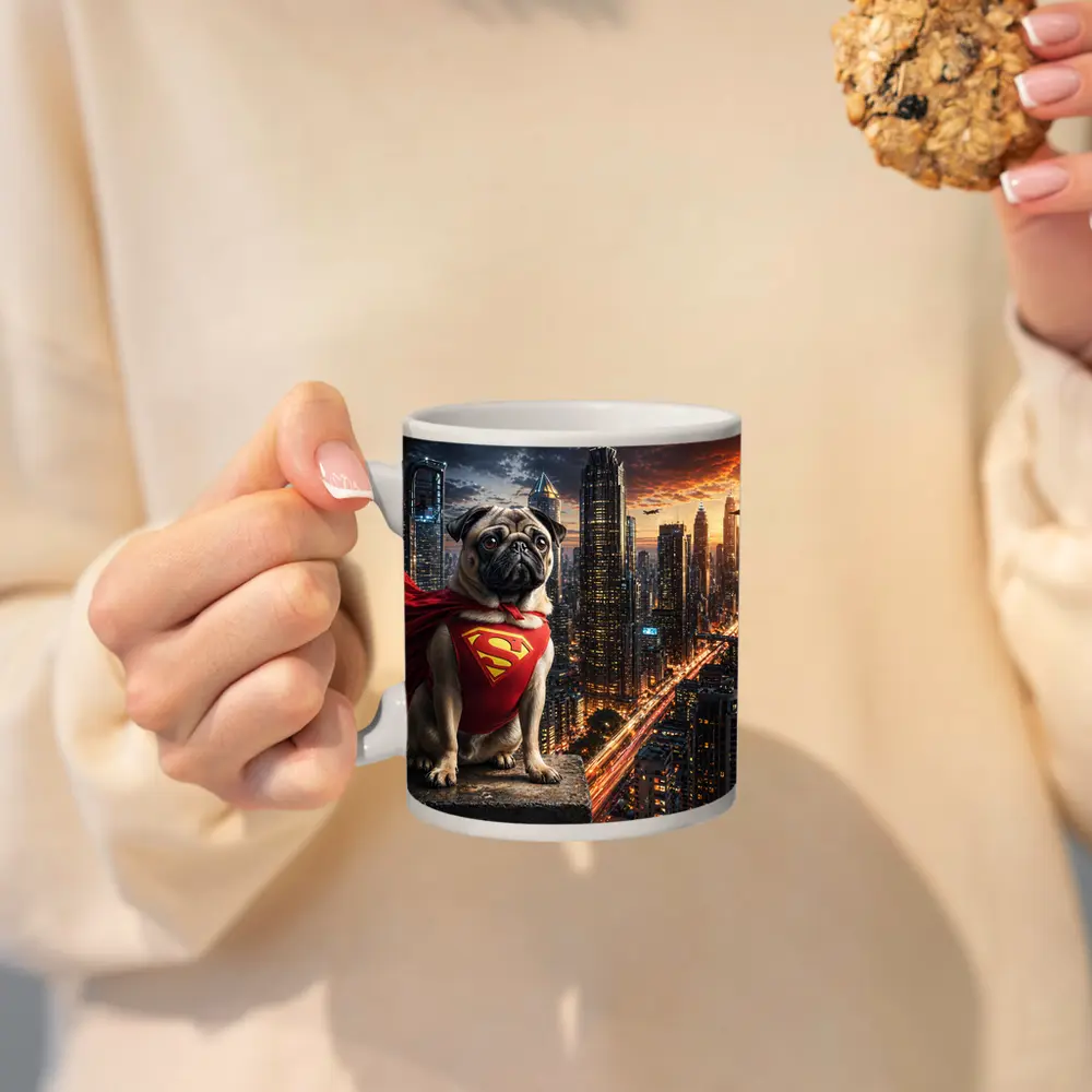 Pug Superhero Superman Cape City Night – Mugs