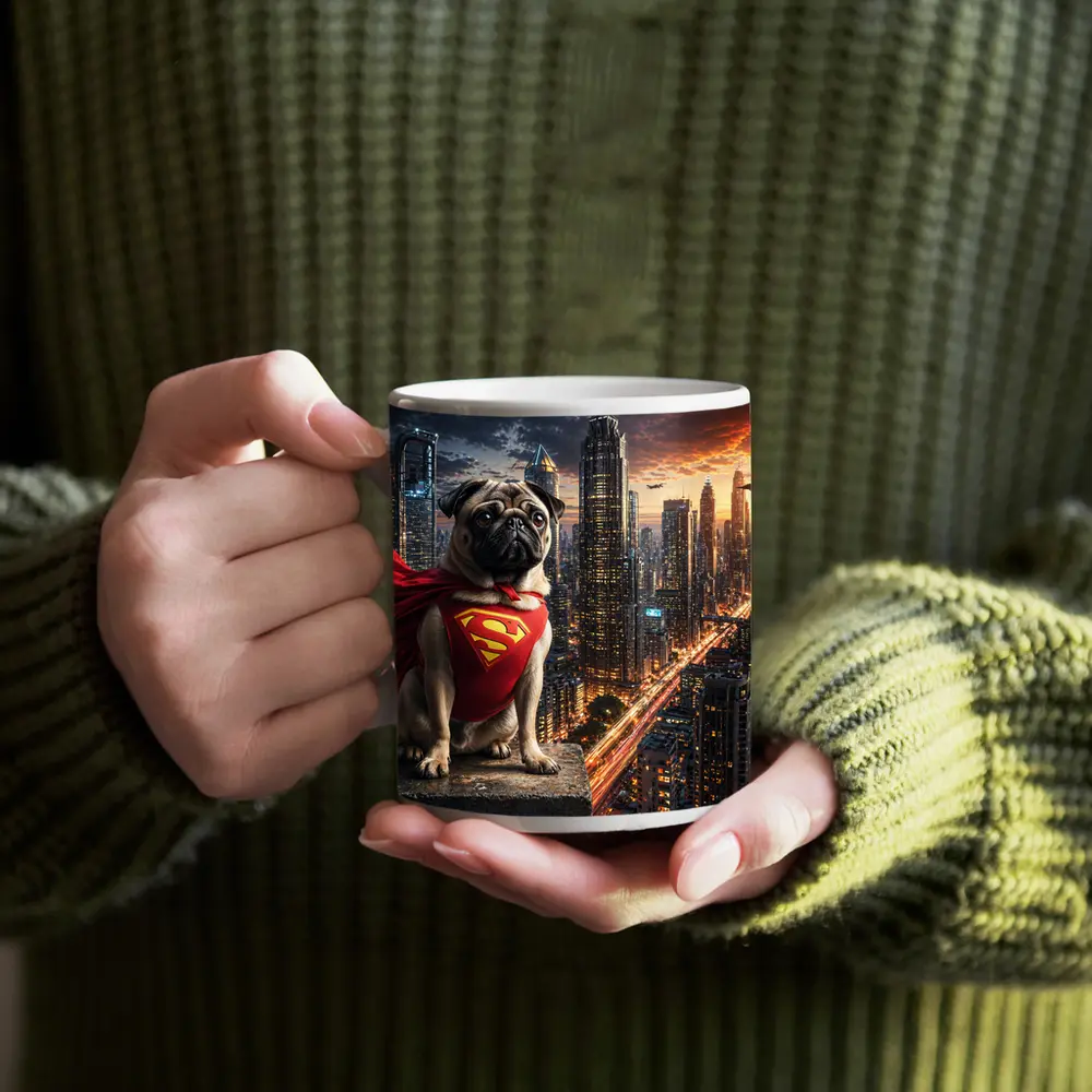 Pug Superhero Superman Cape City Night – Mugs