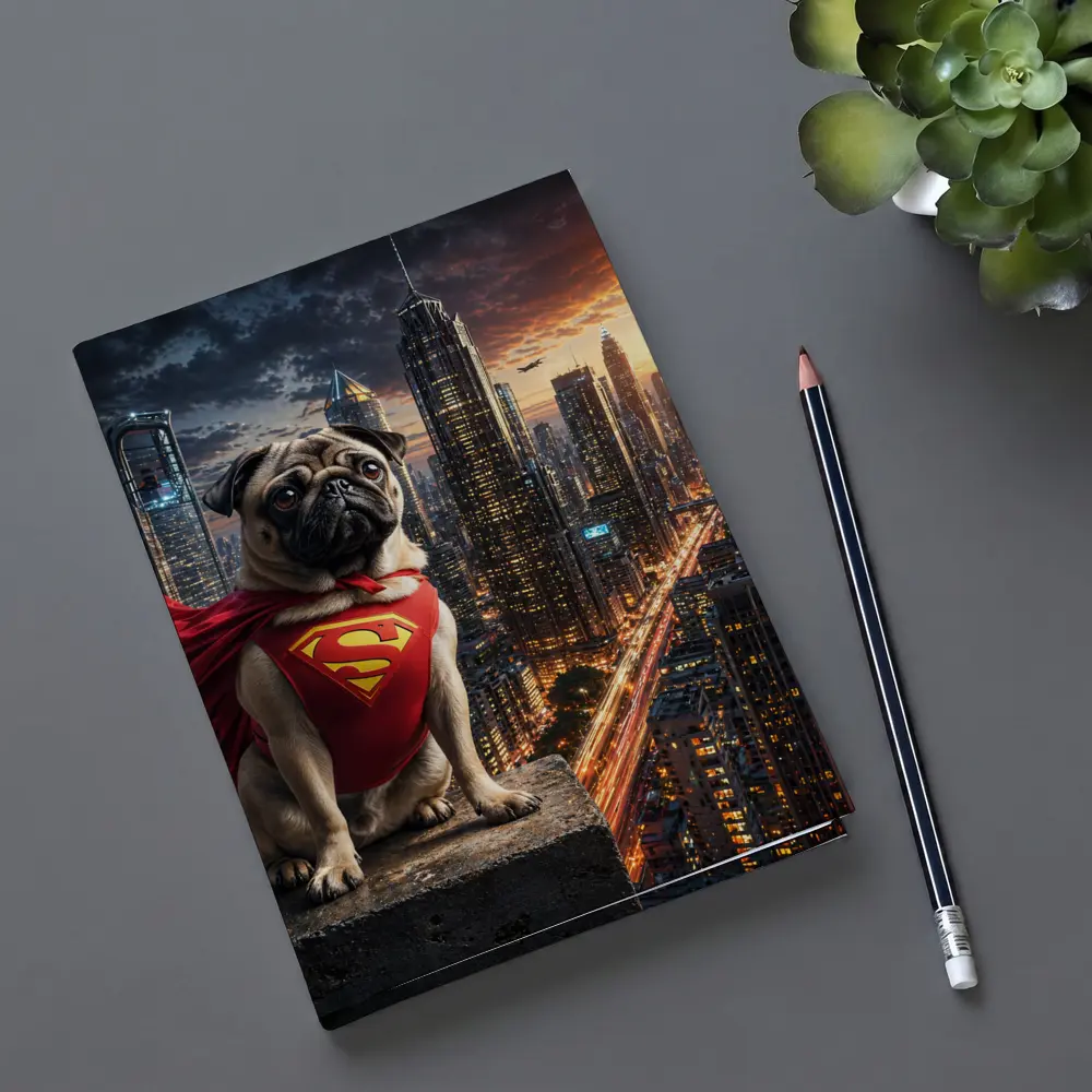 Pug Superhero Superman Cape City Night – Notebooks