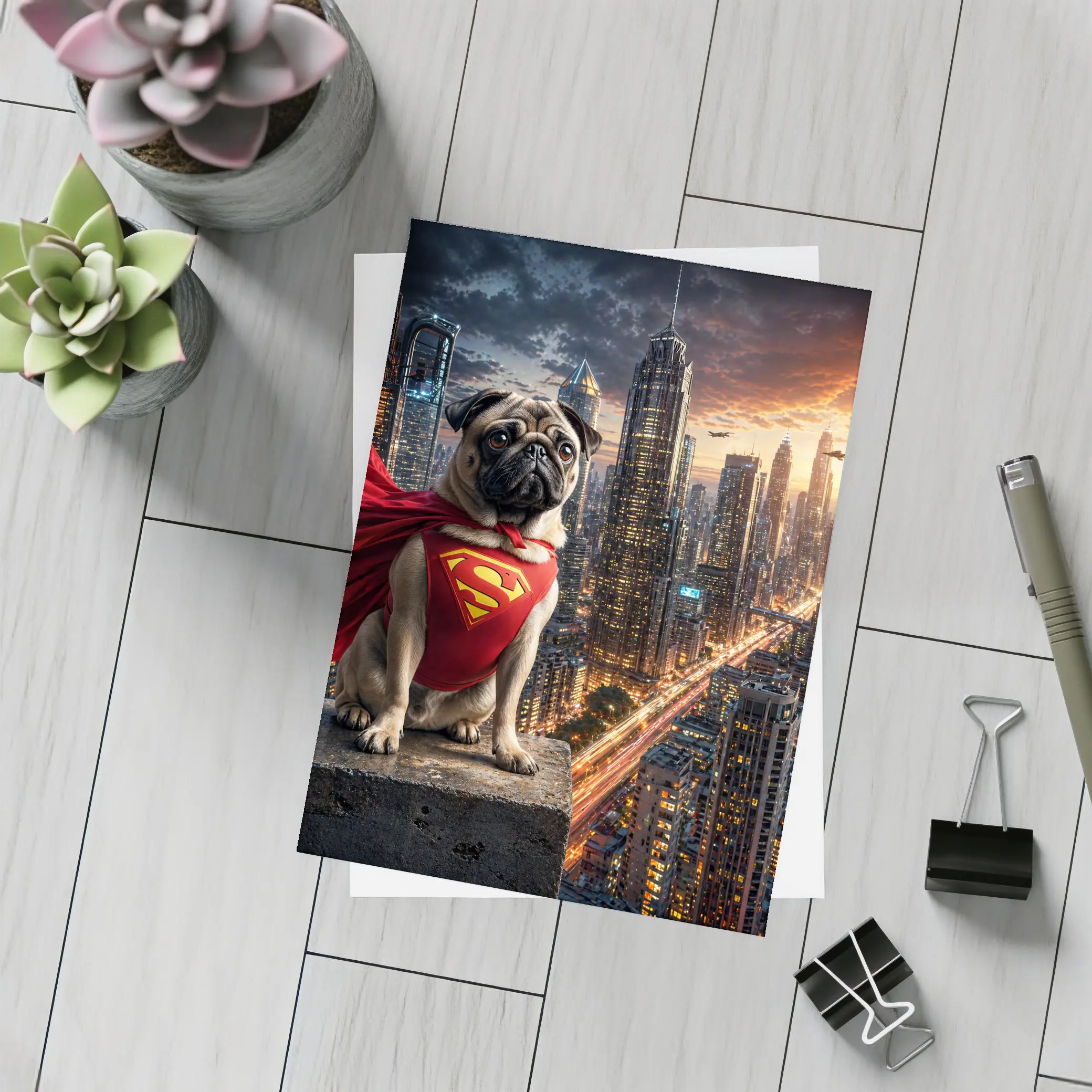 Pug Superhero Superman Cape City Night – Postcards