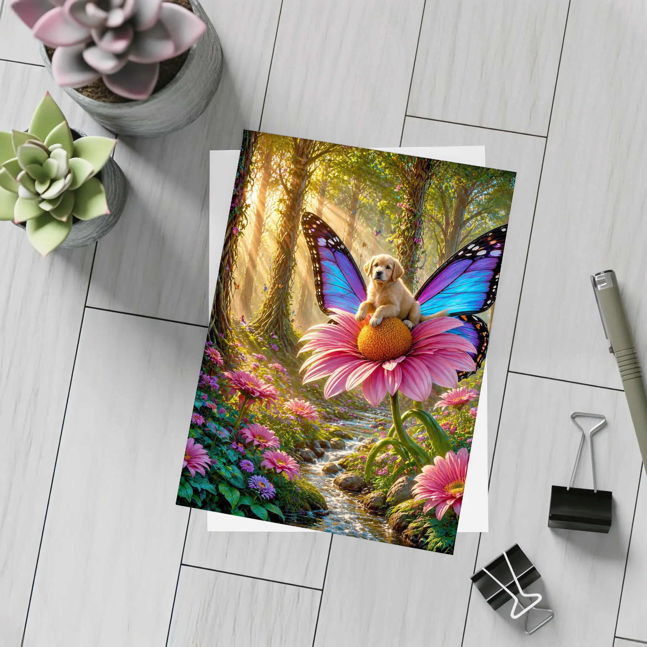 Golden Retriever Puppy Butterfly Fantasy Forest – Postcards