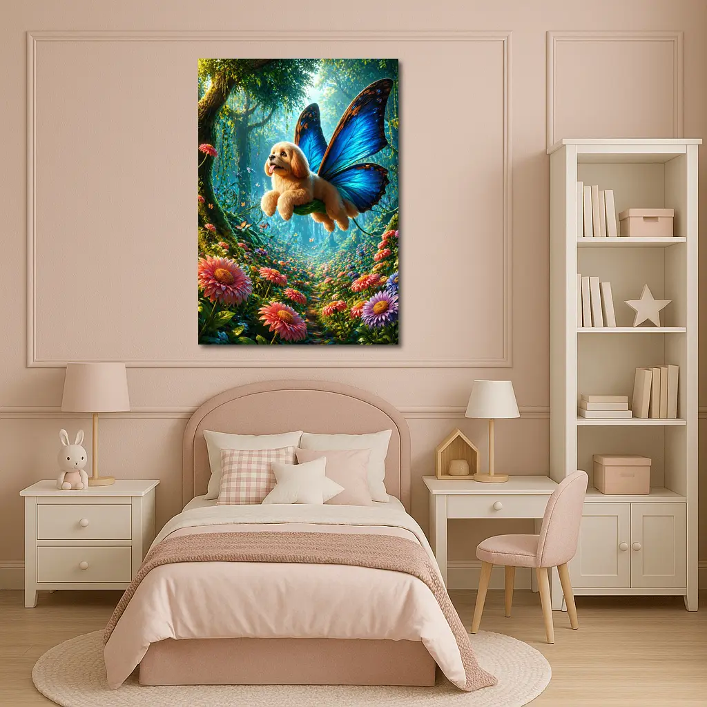 Golden Puppy Butterfly Wings Enchanted Forest – Wall Art