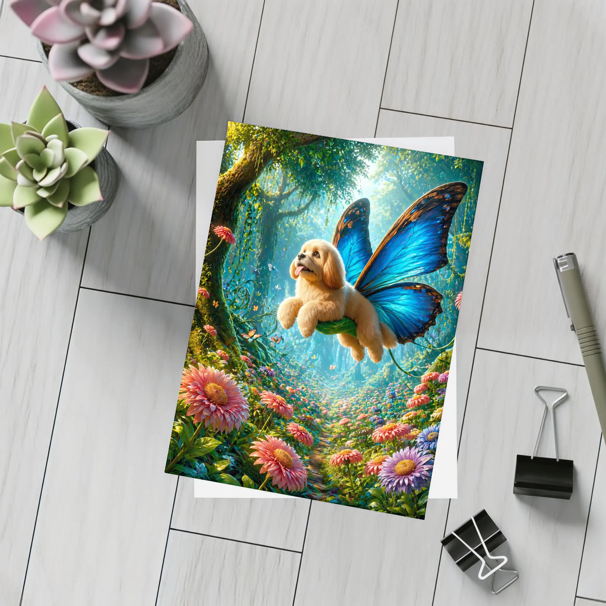 Golden Puppy Butterfly Wings Enchanted Forest – Postcards