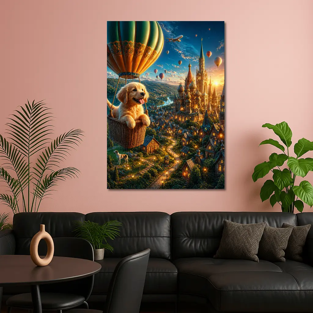 Golden Retriever Puppy Hot Air Balloon Fantasy City – Wall Art