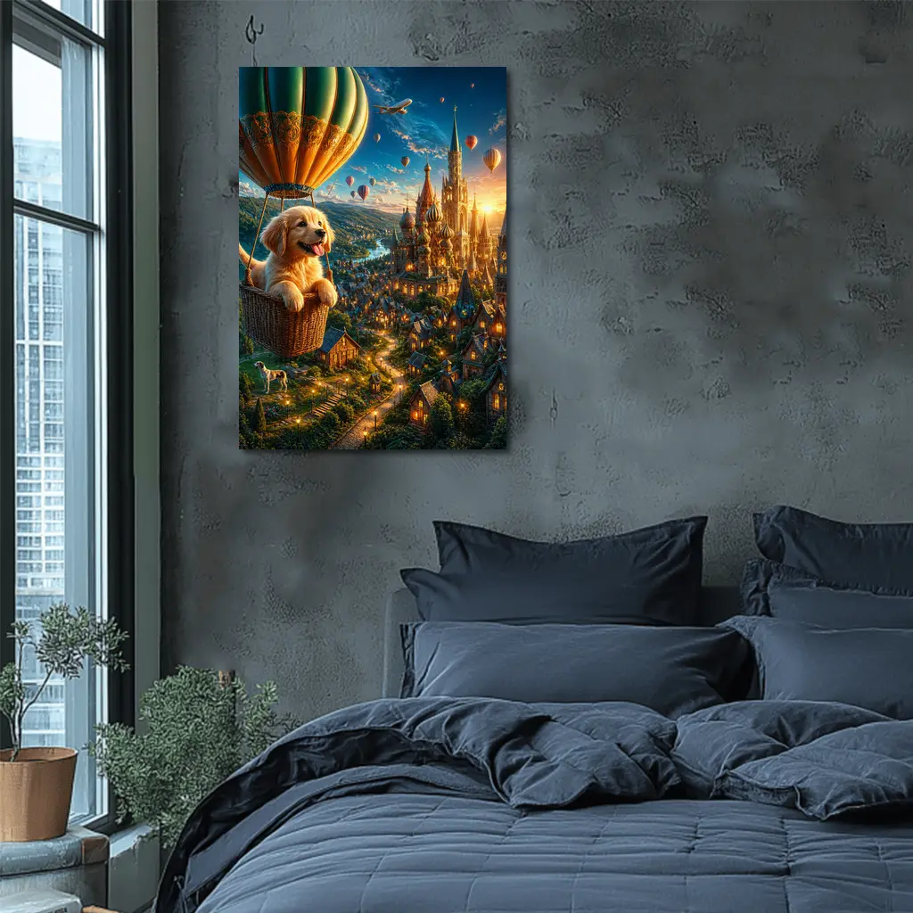 Golden Retriever Puppy Hot Air Balloon Fantasy City – Wall Art