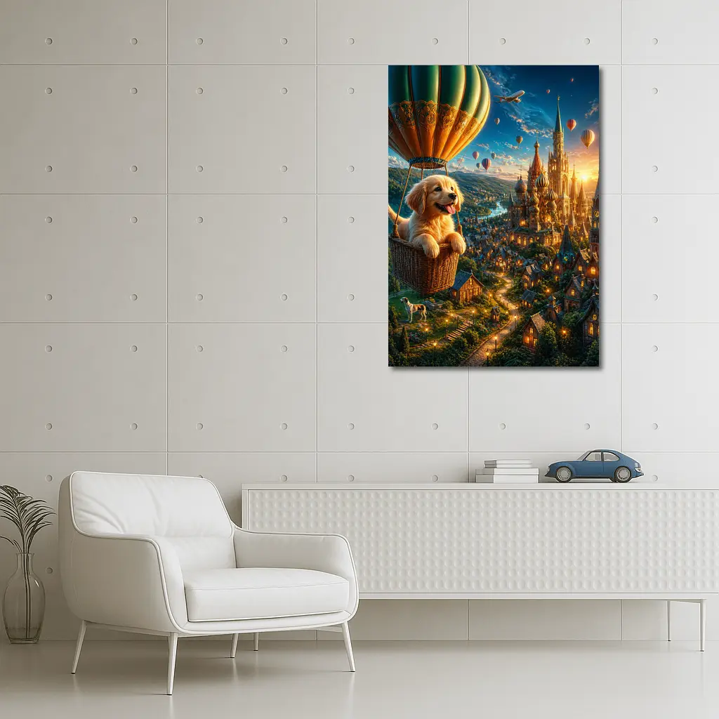 Golden Retriever Puppy Hot Air Balloon Fantasy City – Wall Art