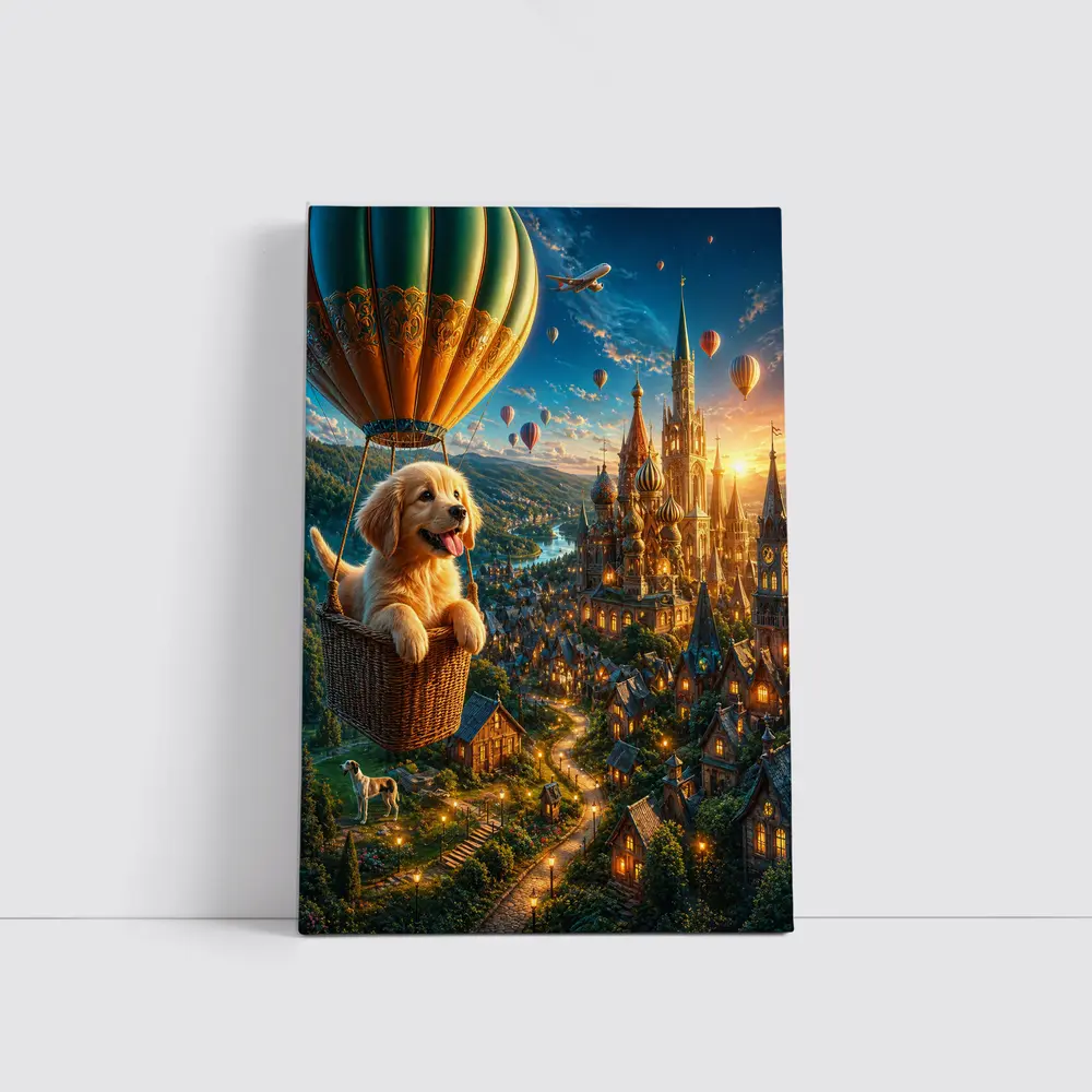 Golden Retriever Puppy Hot Air Balloon Fantasy City – Wall Art