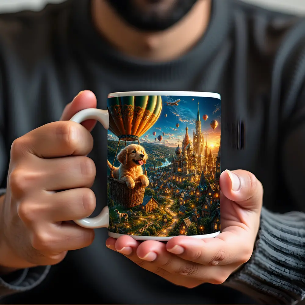 Golden Retriever Puppy Hot Air Balloon Fantasy City – Mugs