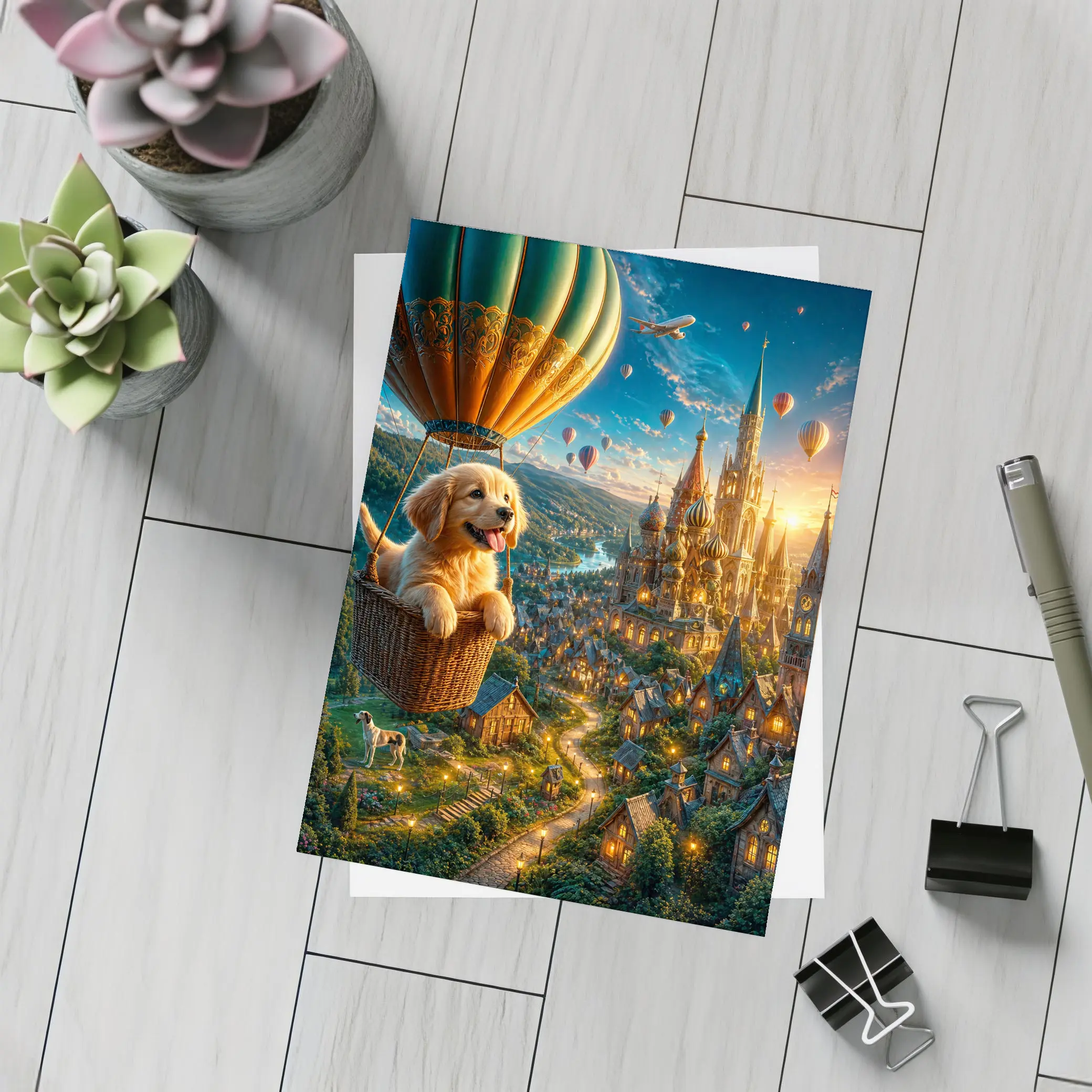 Golden Retriever Puppy Hot Air Balloon Fantasy City – Postcards