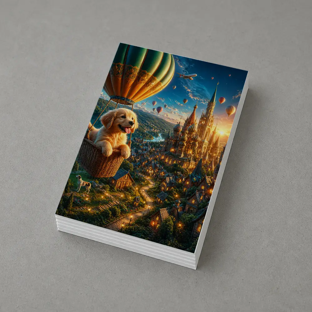 Golden Retriever Puppy Hot Air Balloon Fantasy City – Postcards