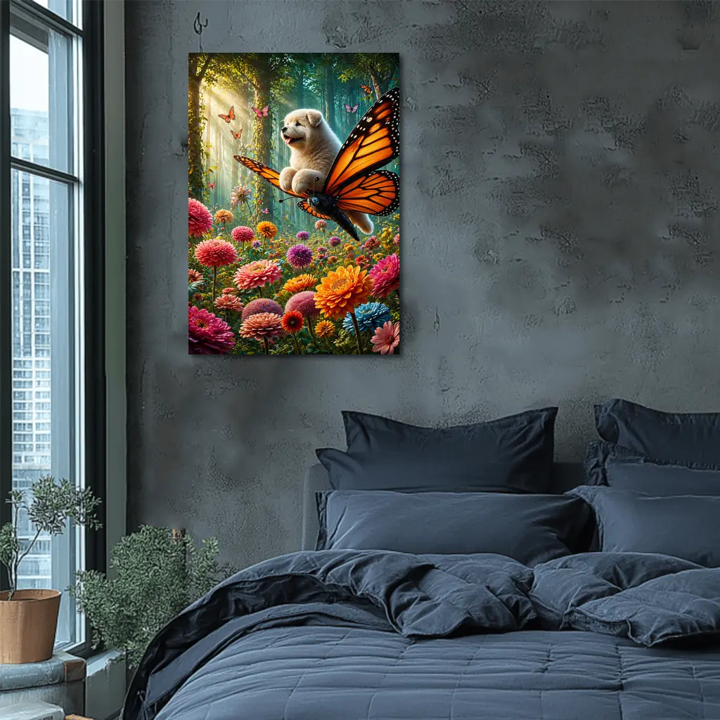 Puppy Riding Monarch Butterfly Over Flower Garden – Wall Art