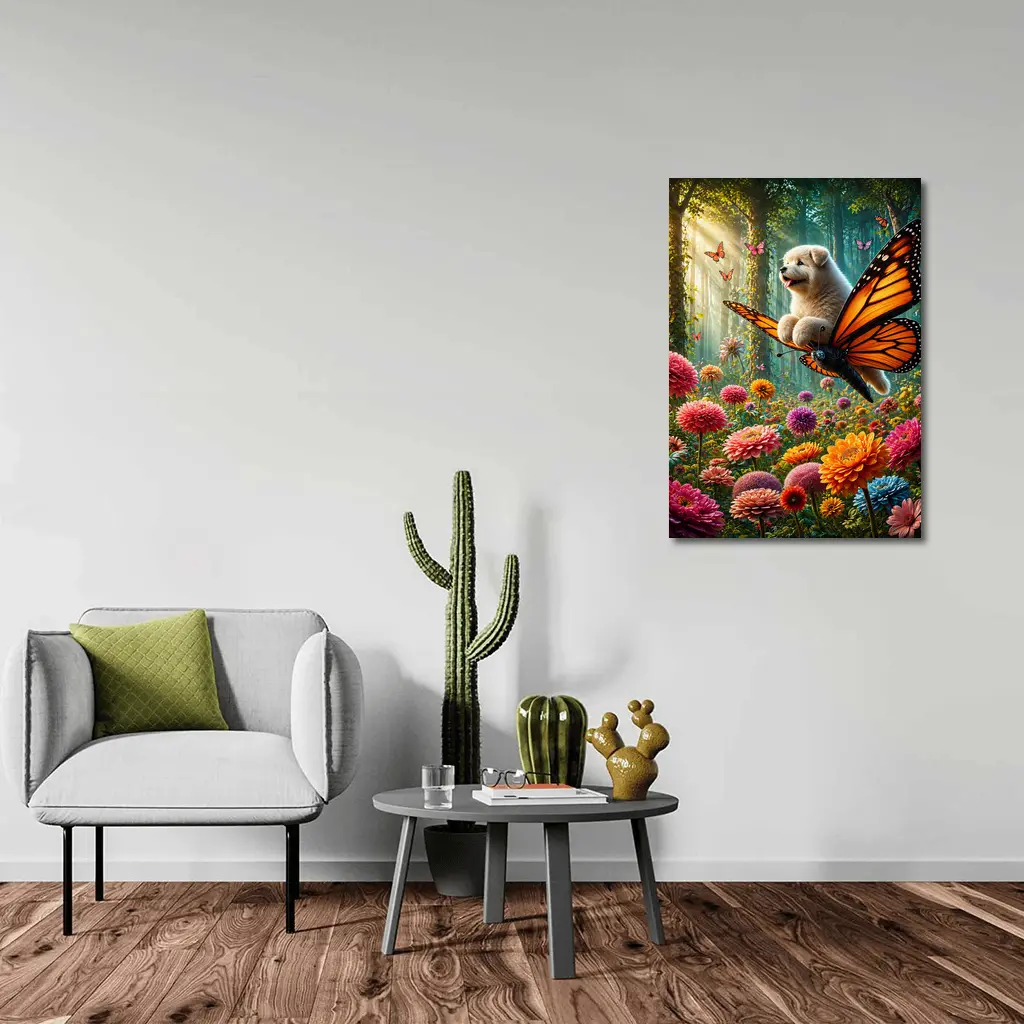 Puppy Riding Monarch Butterfly Over Flower Garden – Wall Art