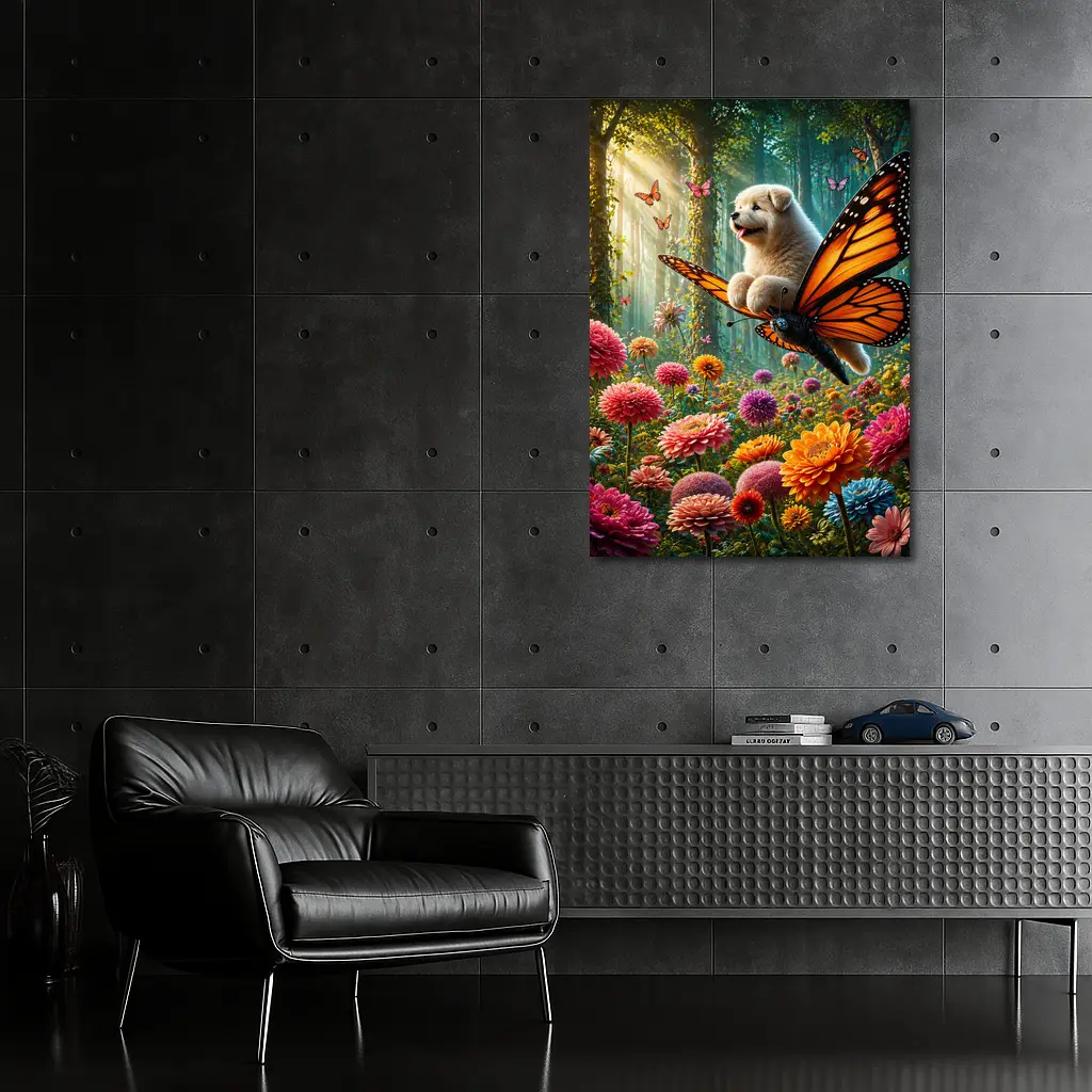 Puppy Riding Monarch Butterfly Over Flower Garden – Wall Art