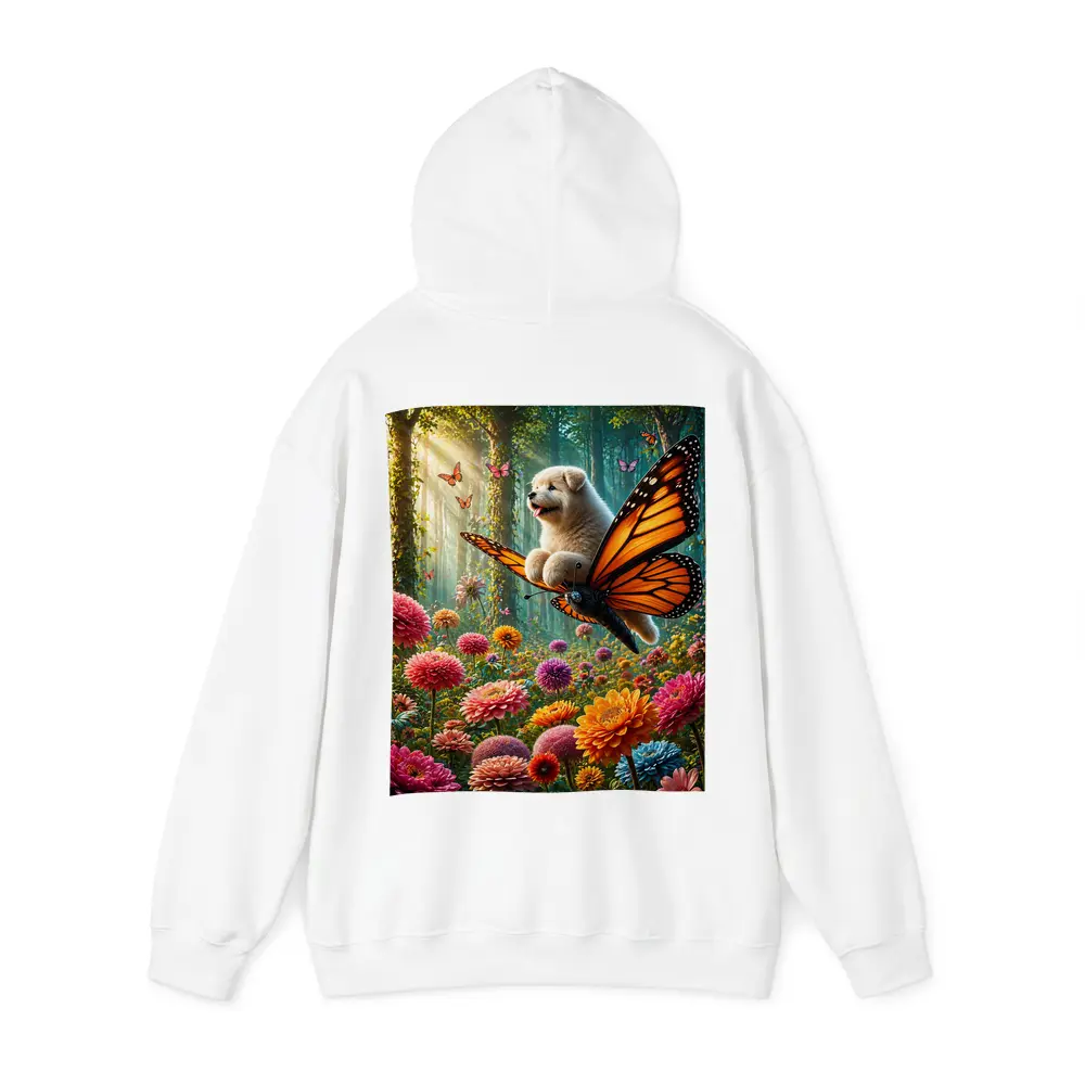 Puppy Riding Monarch Butterfly Over Flower Garden – Hoodies