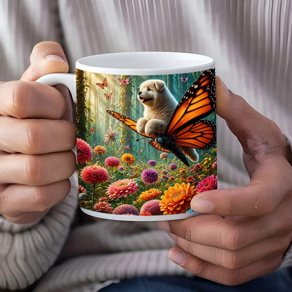 Puppy Riding Monarch Butterfly Over Flower Garden – Mugs