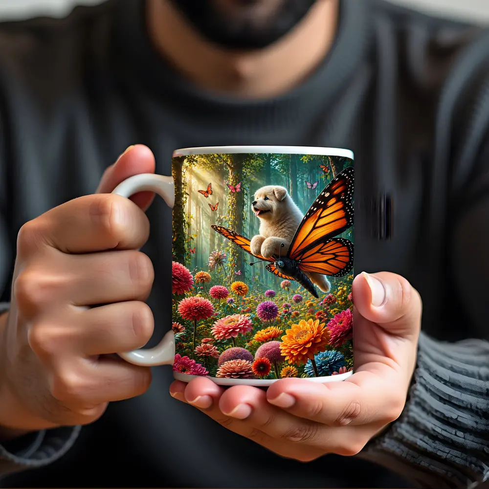 Puppy Riding Monarch Butterfly Over Flower Garden – Mugs