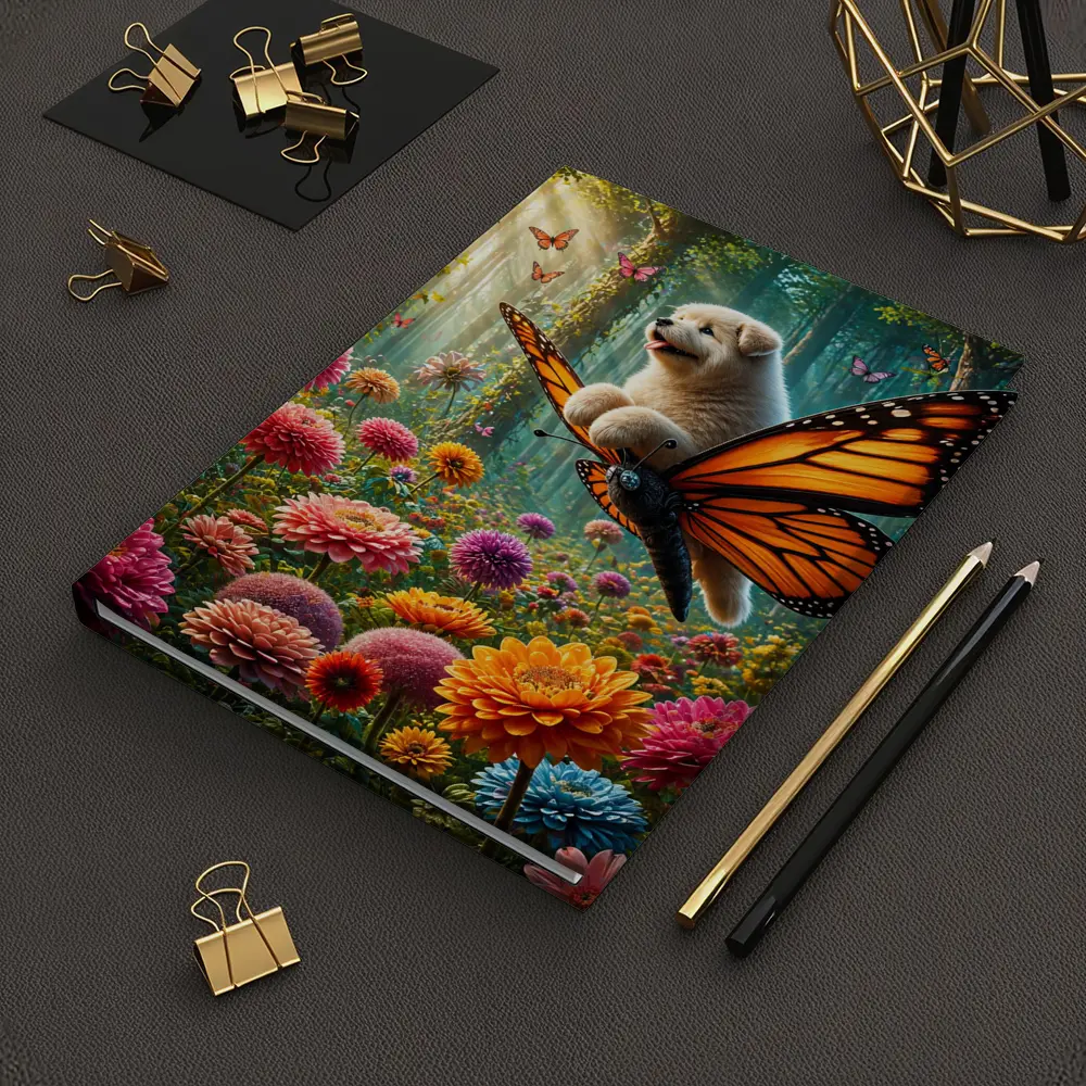 Puppy Riding Monarch Butterfly Over Flower Garden – Notebooks